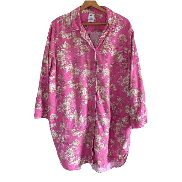 Lands' End Flannel Sleepshirt Nightgown 2X Pink Floral Button Up Well Loved Cozy - Picture 1 of 12